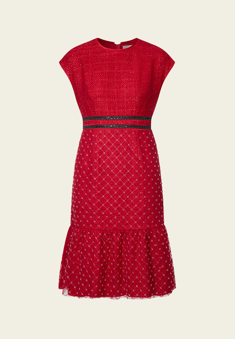 Red Cap-sleeved Embroidered Mesh Tweed Dress - MOISELLE
