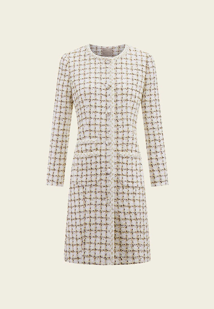 Check White Tweed Thigh Length Coat - MOISELLE