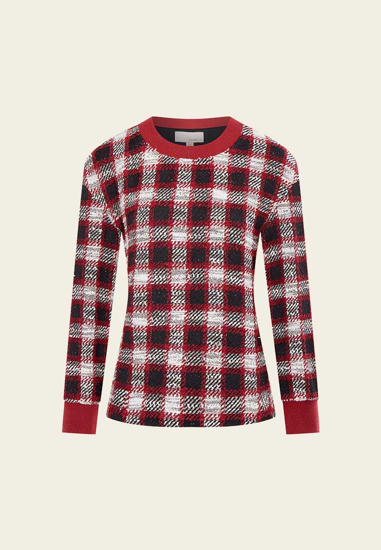 Red Plaid Tweed Sweater - MOISELLE
