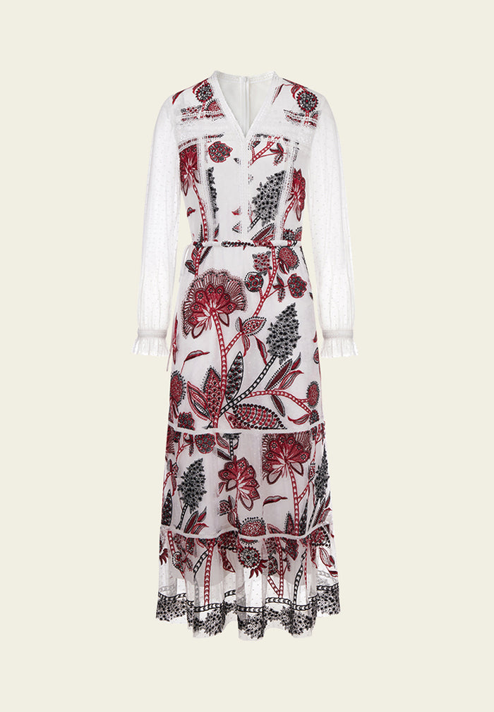 White Embroidered Tie-waist Maxi Dress