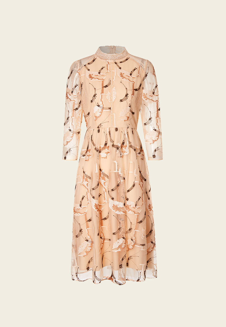 Beige Embroidered Long-sleeved Cocktail Dress