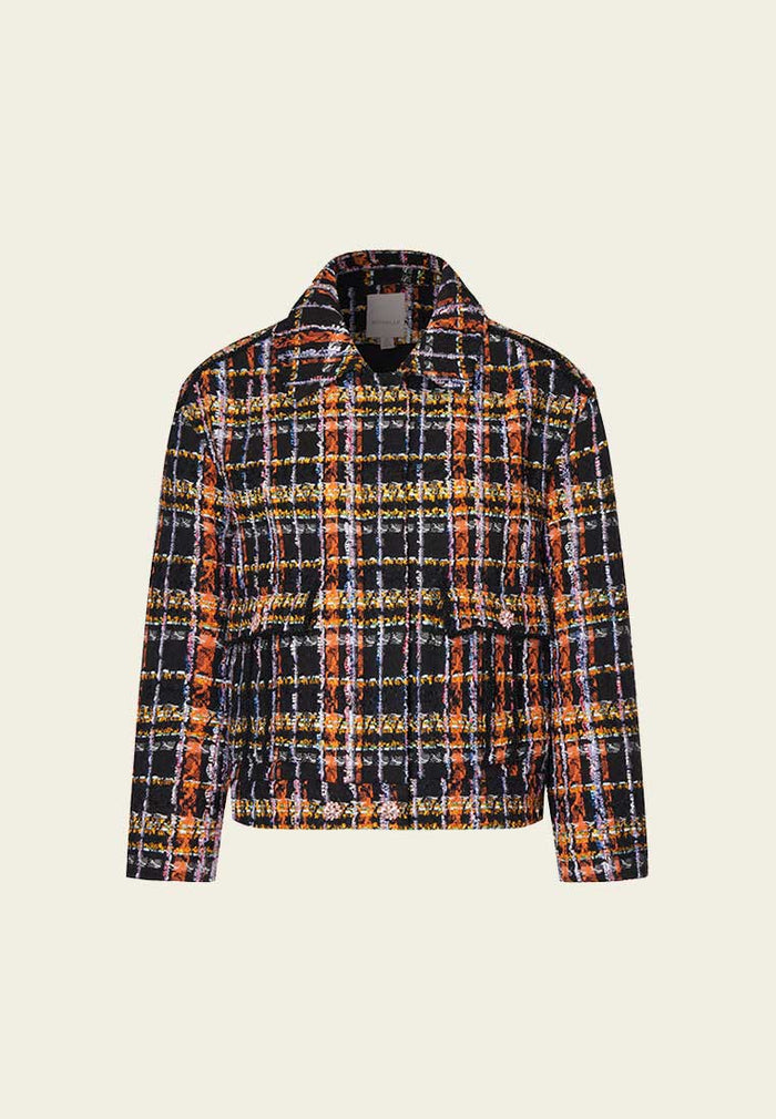 Orange Plaid Tweed Short Jacket with Collar - MOISELLE