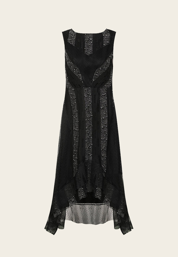 Black Sequins Stripe Detail Lace Sleeveless Cocktail Dress - MOISELLE