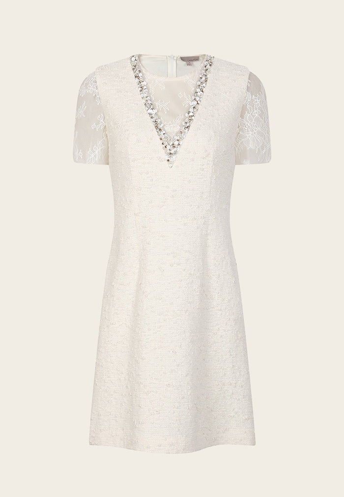 Camille Light Cream Lace Tweed Dress - MOISELLE