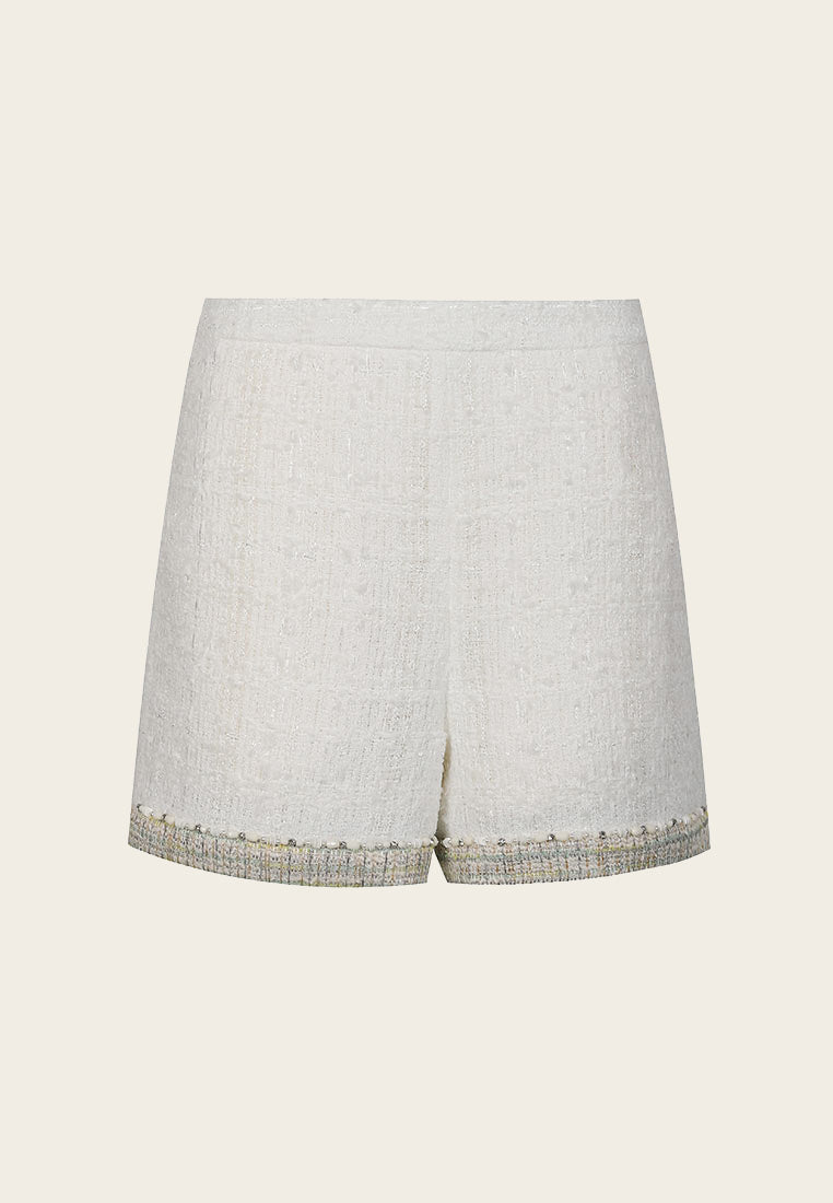 High-waist Mix-green Lining White Tweed Shorts - MOISELLE