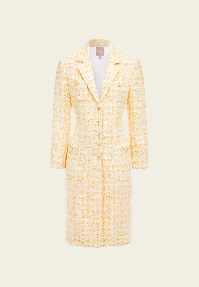 Yellow Plaid Tweed Lapel Long Coat