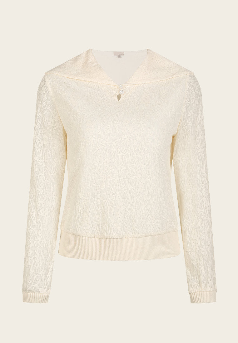 White Wide Collar Jacquard Knit Long Sleeve Top - MOISELLE