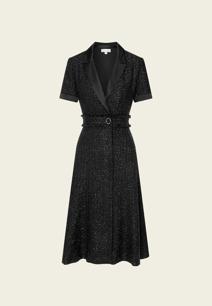 Belt-detail Black Tweed Lapel Dress - MOISELLE