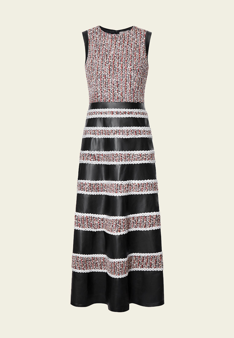 Tweed-Leather Striped Sleeveless Maxi Dress