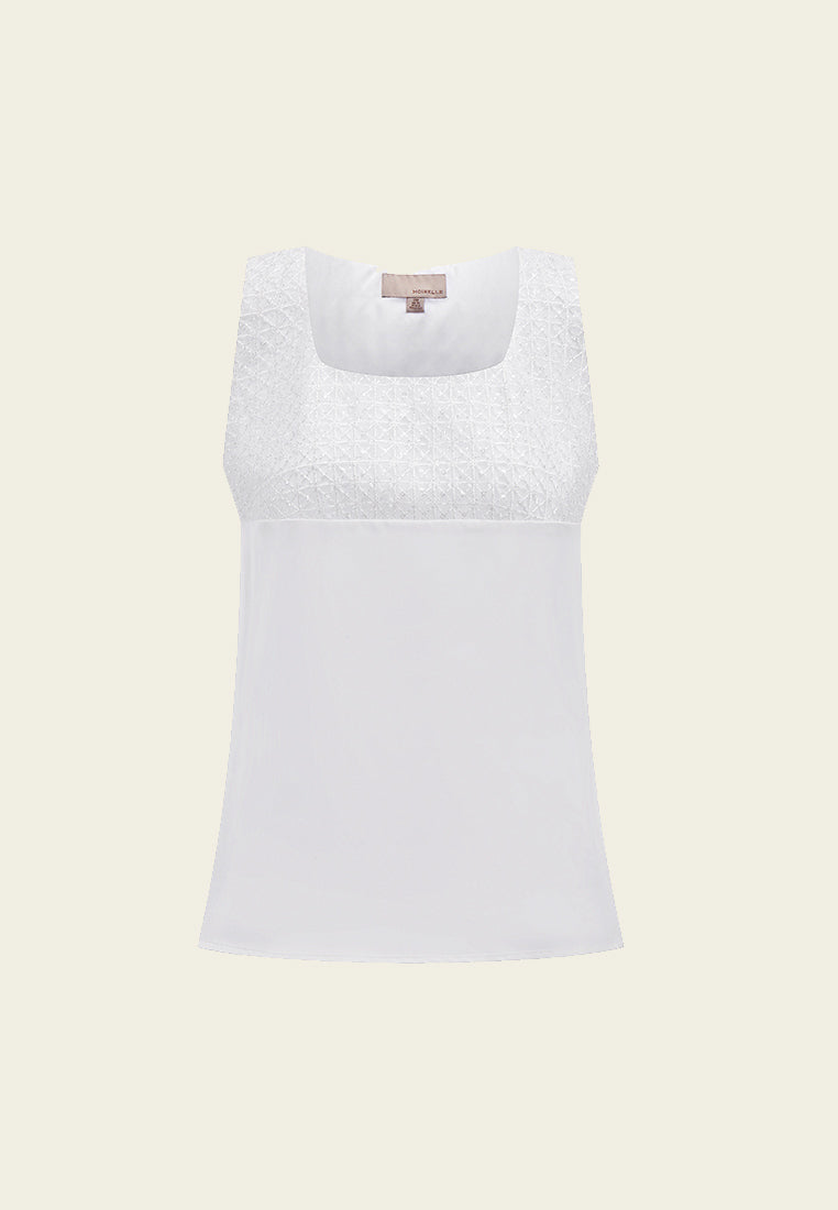 White Sleeveless Square-neck Patchwork Top - MOISELLE