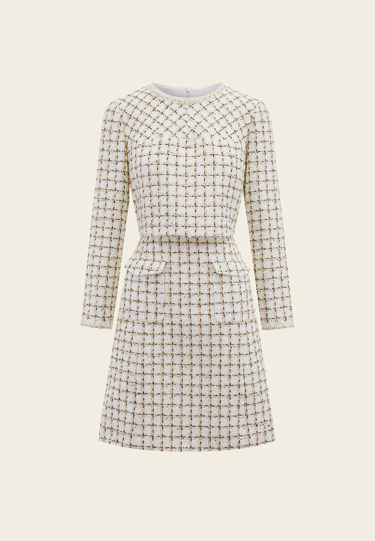 Beige Checked Fake Two Piece Tweed Dress - MOISELLE