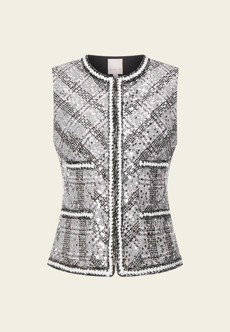 Argyle Plaid Sequin Tweed Vest