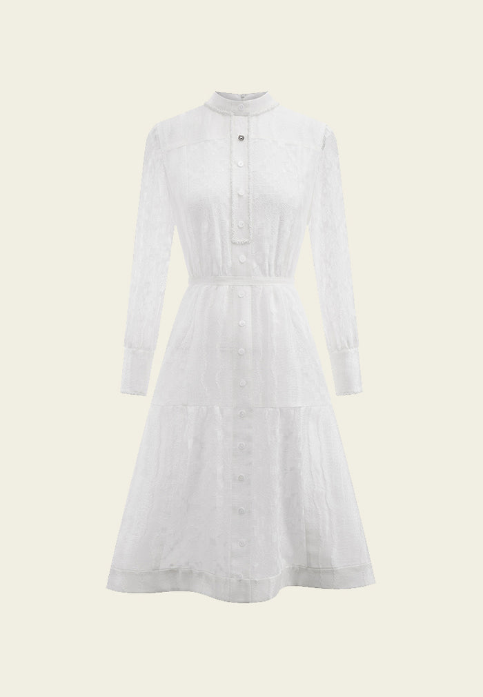 White Stand Collar Dress - MOISELLE