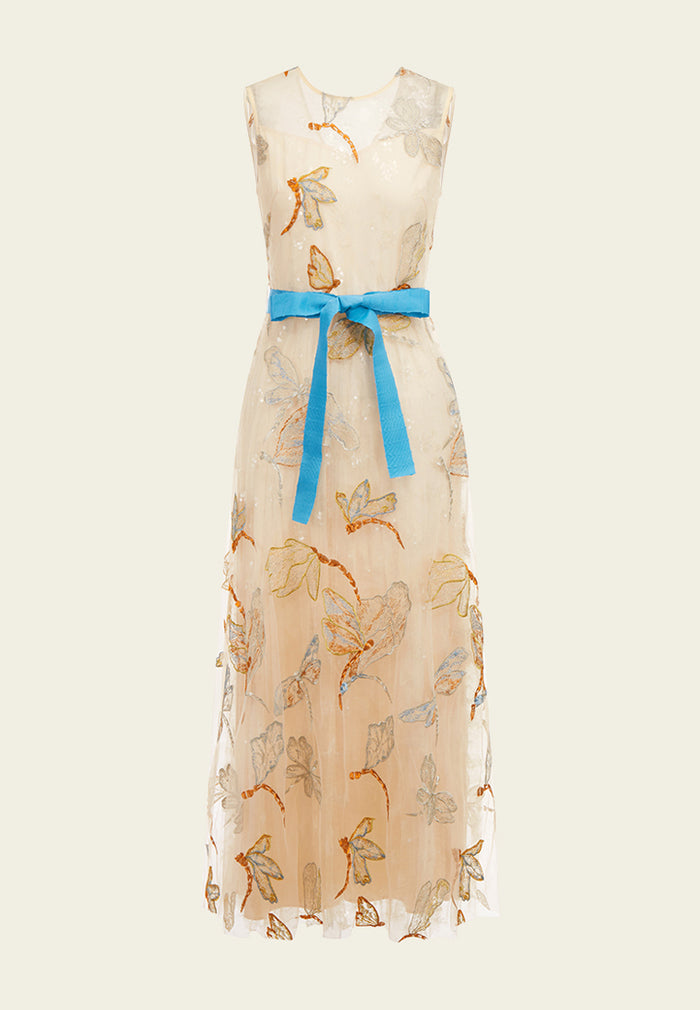 Beige Floral Sleeveless with Blue Ribbon Dress