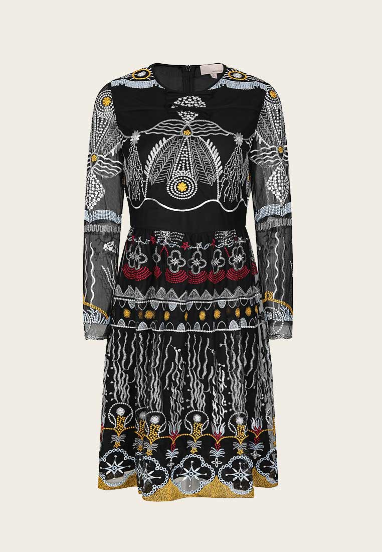 Vintage 80's Tribal Pattern Black Long Sleeve Knee-length Dress - MOISELLE