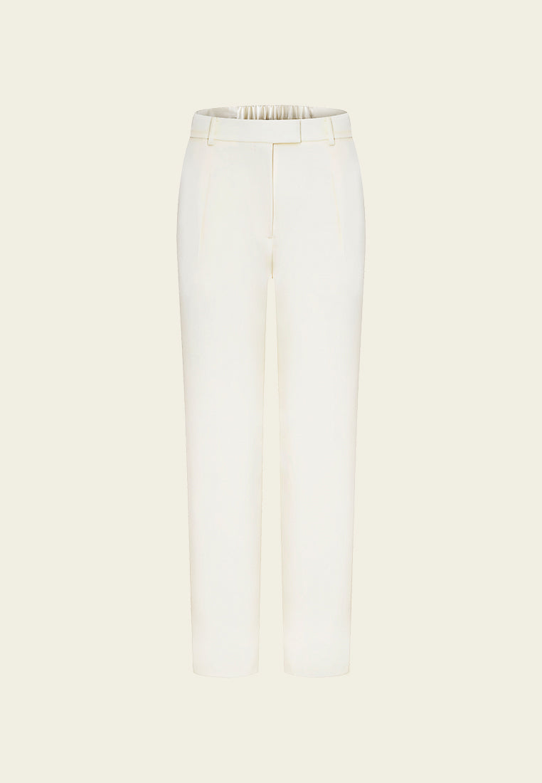White Sheen Striaght-leg Tailored Pants with Elastic Back