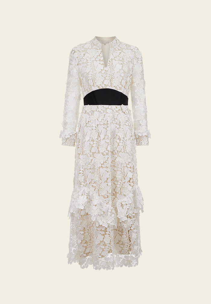 V Neck Black Detailing Jacquard White Lace Dress - MOISELLE