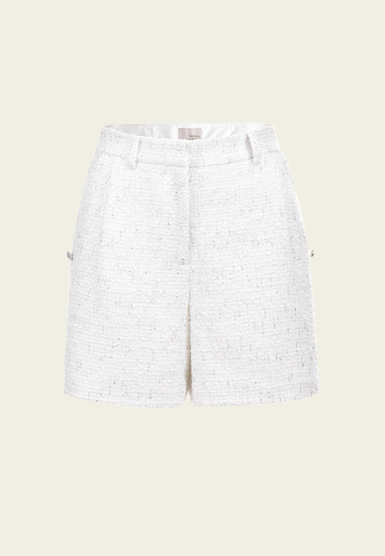 White Lurex Tweed Embellished Shorts