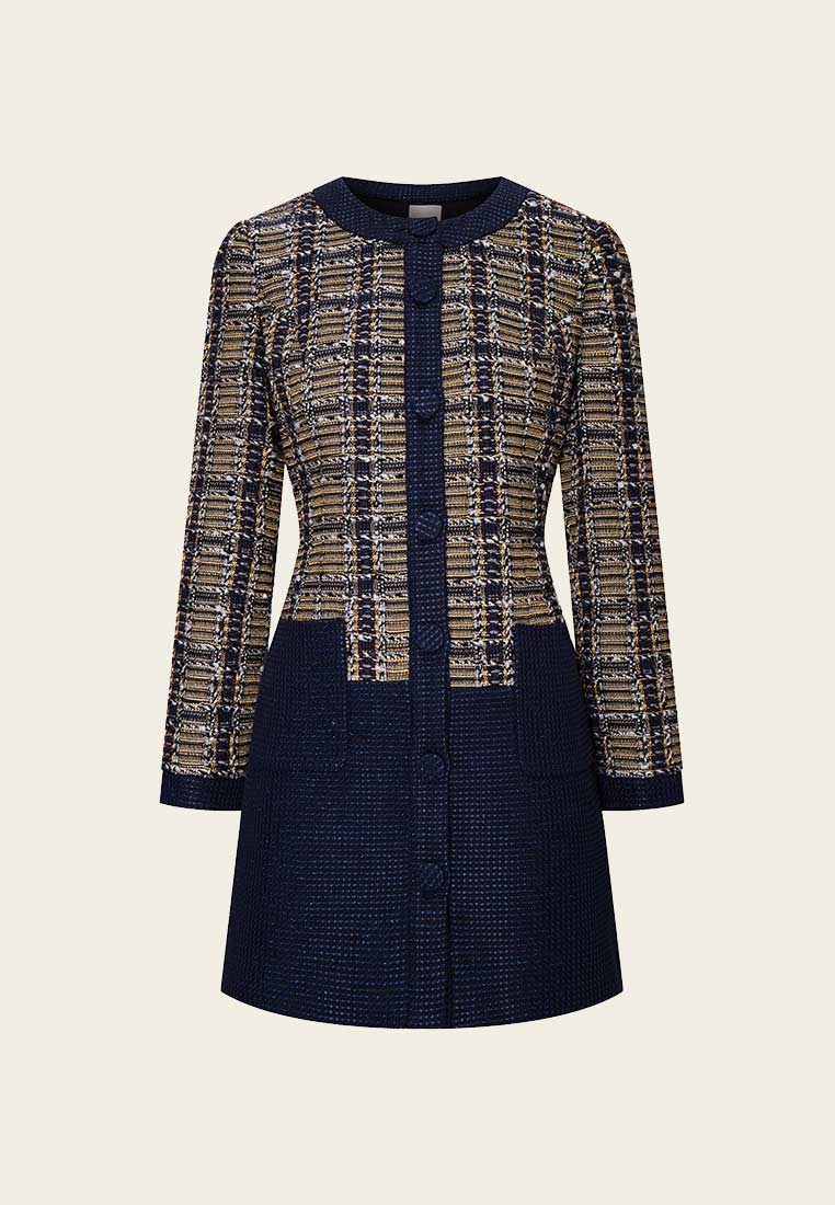 Patchwork Yellow and Dark Blue Tweed Coat - MOISELLE