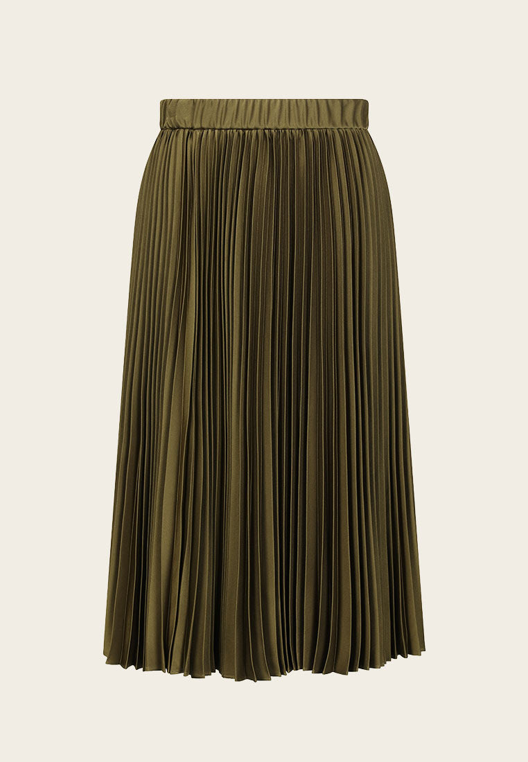Dark Green Satin Calf Length Pleated Skirt - MOISELLE