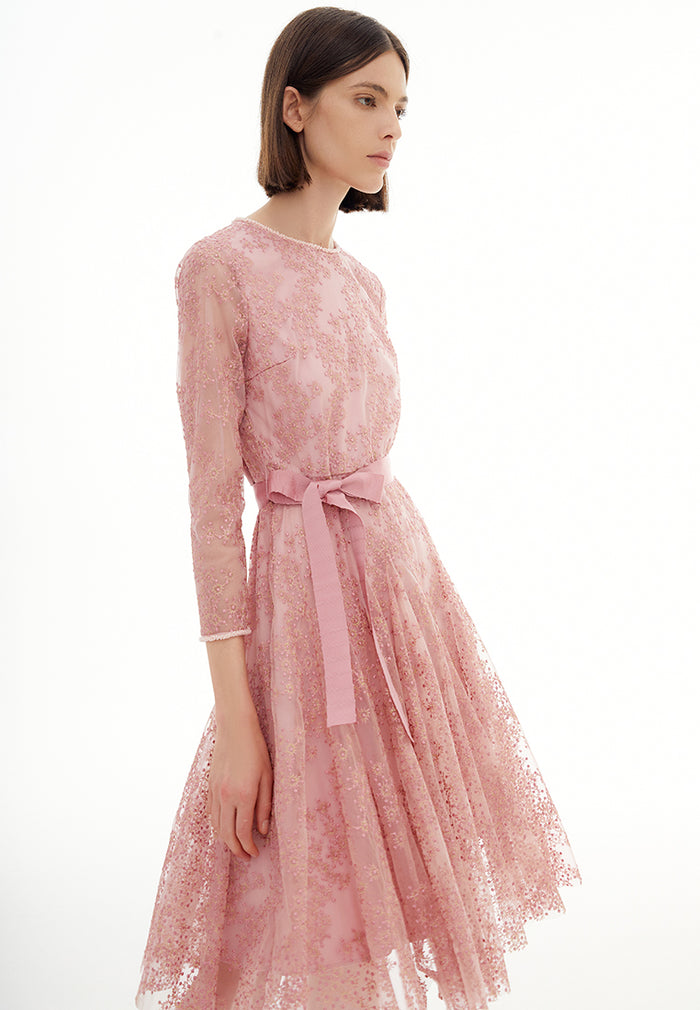 Pink Embroidered Mesh Cocktail Dress