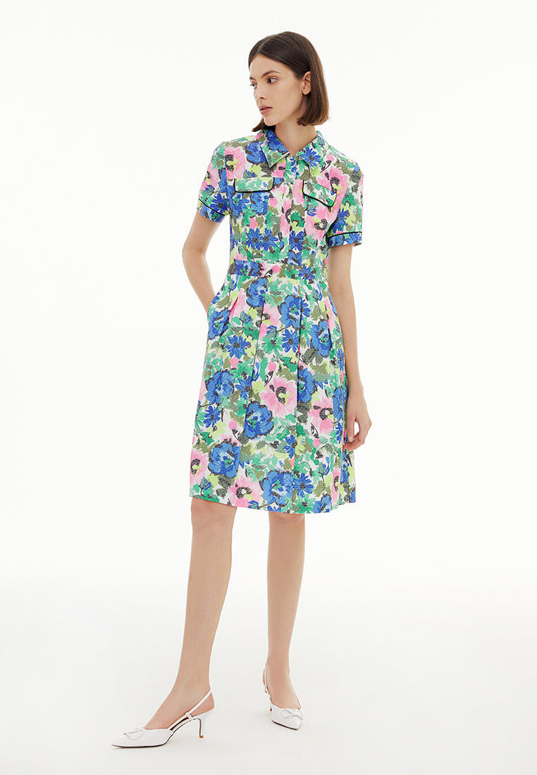 Lapel Short Sleeve Floral Pattern Jacquard Dress