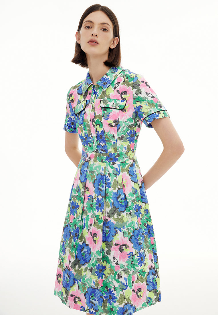 Lapel Short Sleeve Floral Pattern Jacquard Dress