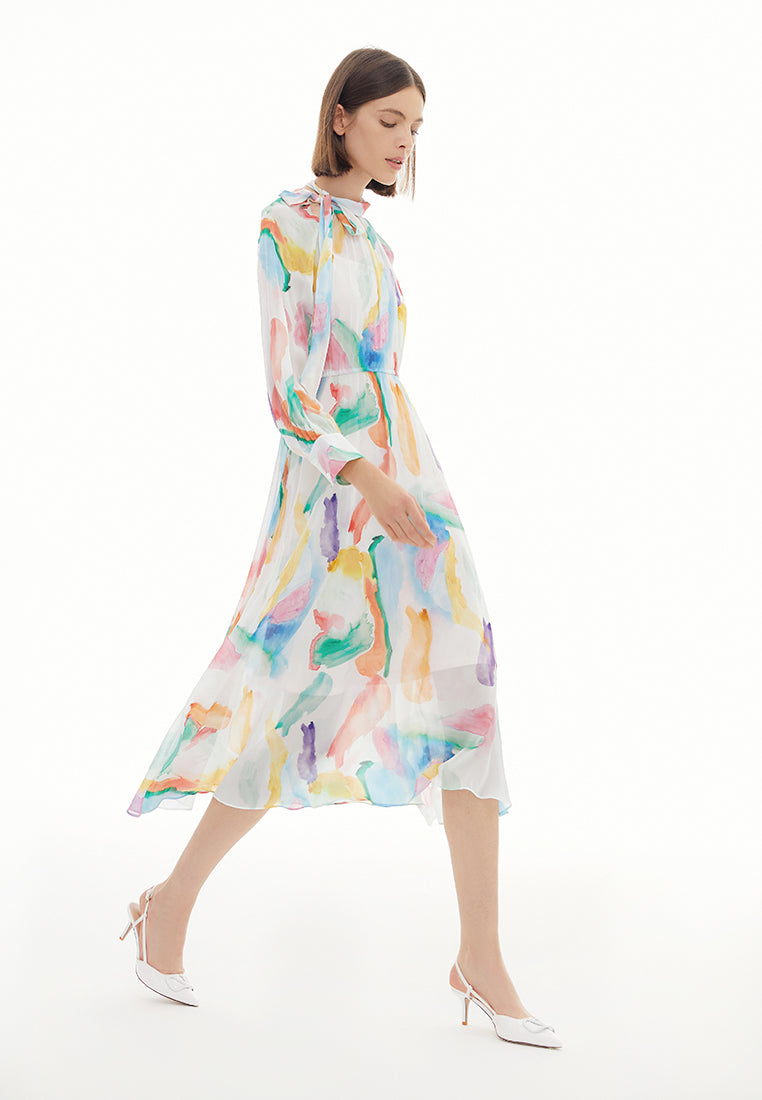 Watercolor Stroke Pussy Bow Collar Dress