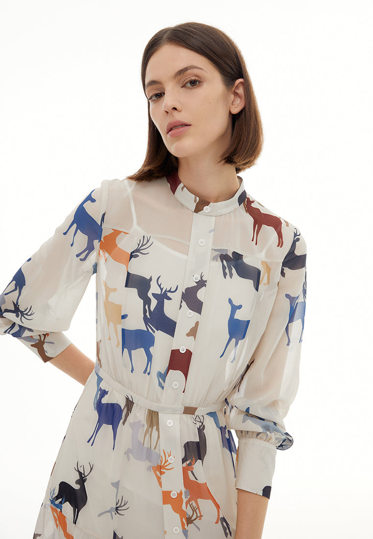 Deer Print Pussy-bow Collar Chiffon Dress