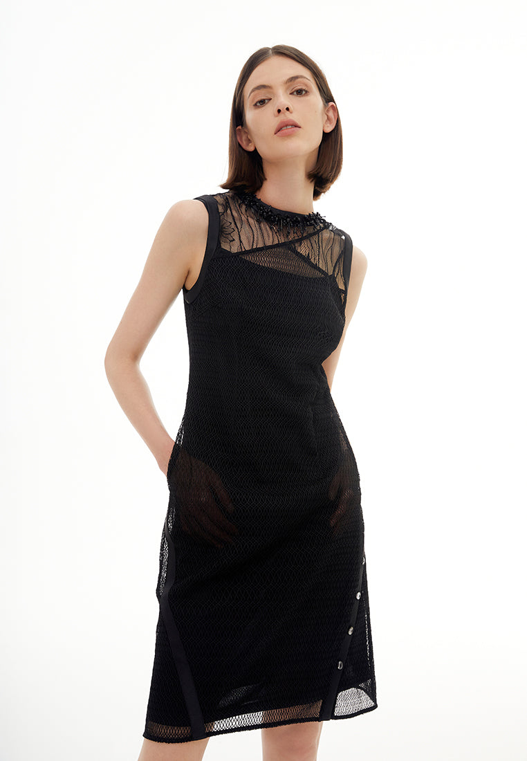 Patched Mesh And Lace Bead Detail Cocktail Dress