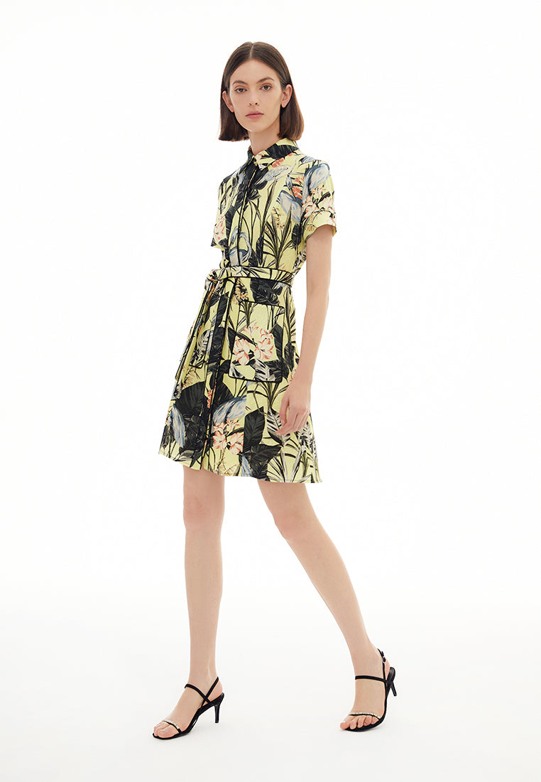 Yellow Floral Print Collar Dress