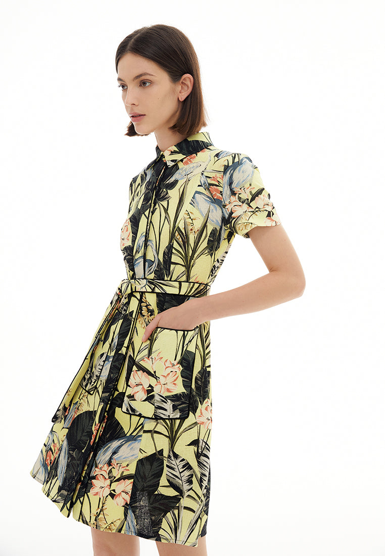 Yellow Floral Print Collar Dress