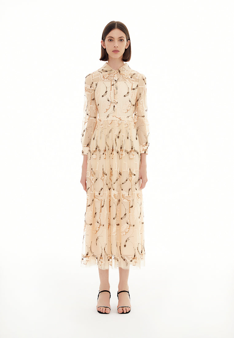 Beige Embroidered Collar Mesh Dress