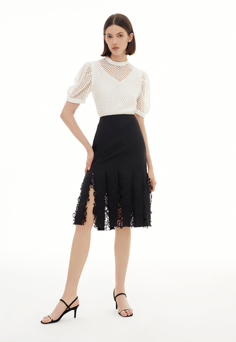 Lace Detail Black Midi Skirt