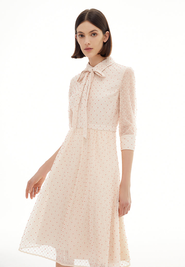 Pink Beaded Detail Collar Dress with Ribbon