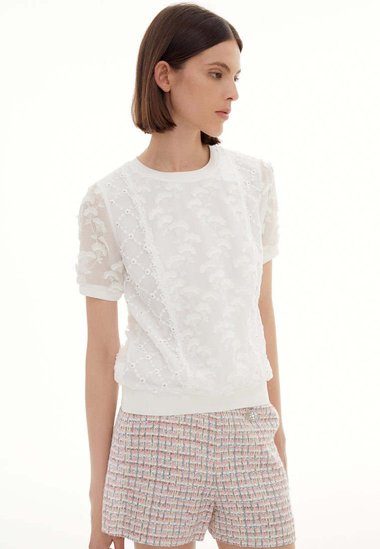 White Embroidered Short Sleeves Top
