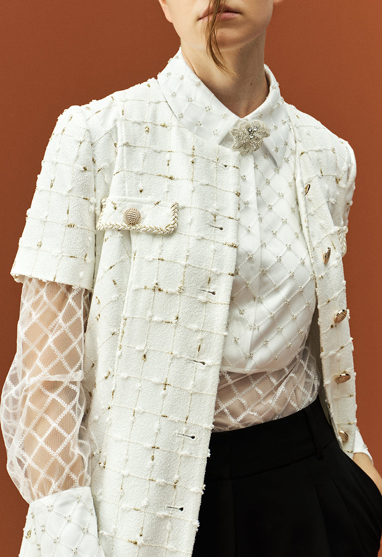 Bead-detailing Embroidery White Mesh Shirt - MOISELLE