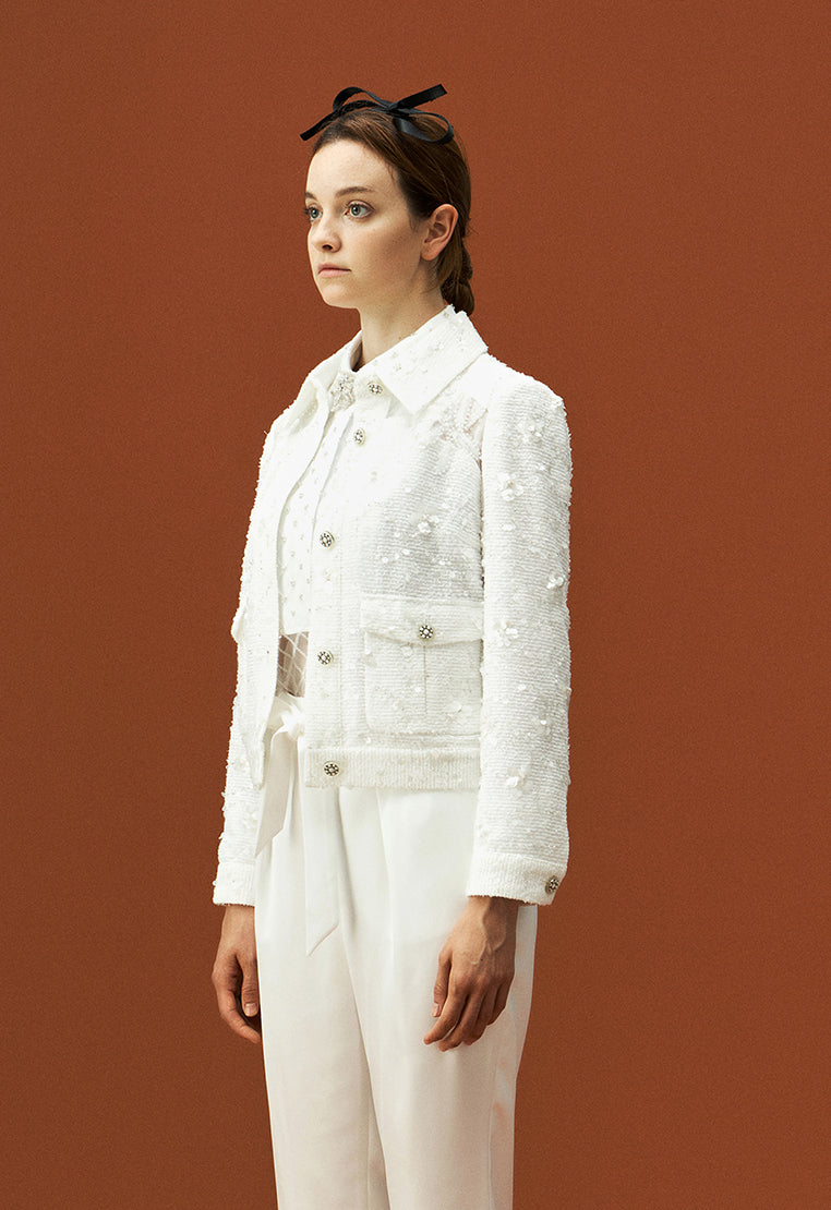 Lapel White Tweed Sequin and Bead Detailing Jacket - MOISELLE