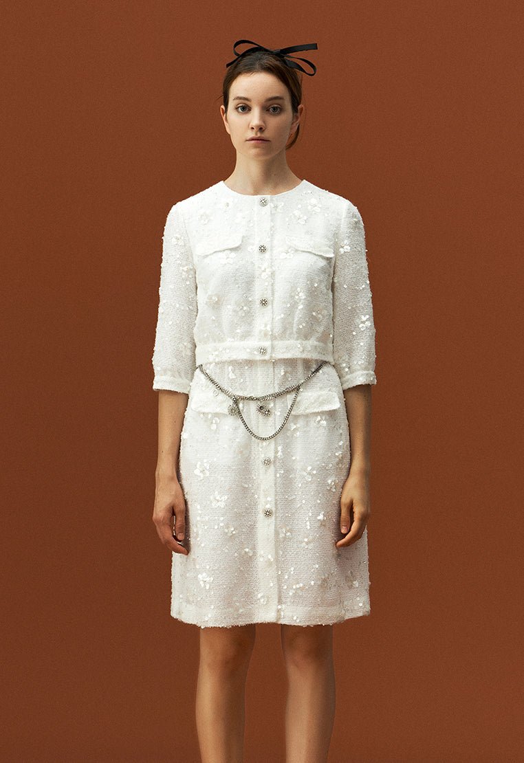 White Tweed Sequin and Bead Detailing Dress with Belt - MOISELLE