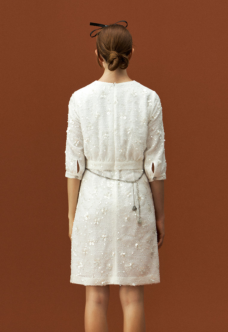 White Tweed Sequin and Bead Detailing Dress with Belt - MOISELLE