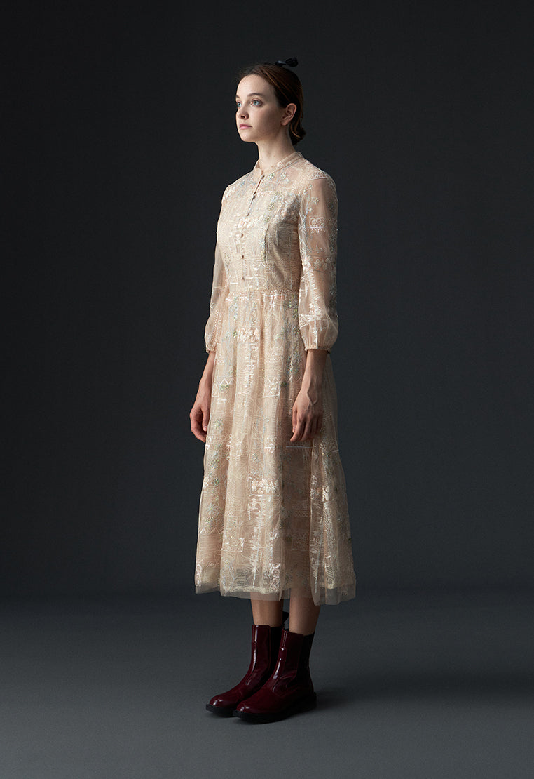 Beige Embroidered Sequin-detailing Mesh Dinner Dress - MOISELLE