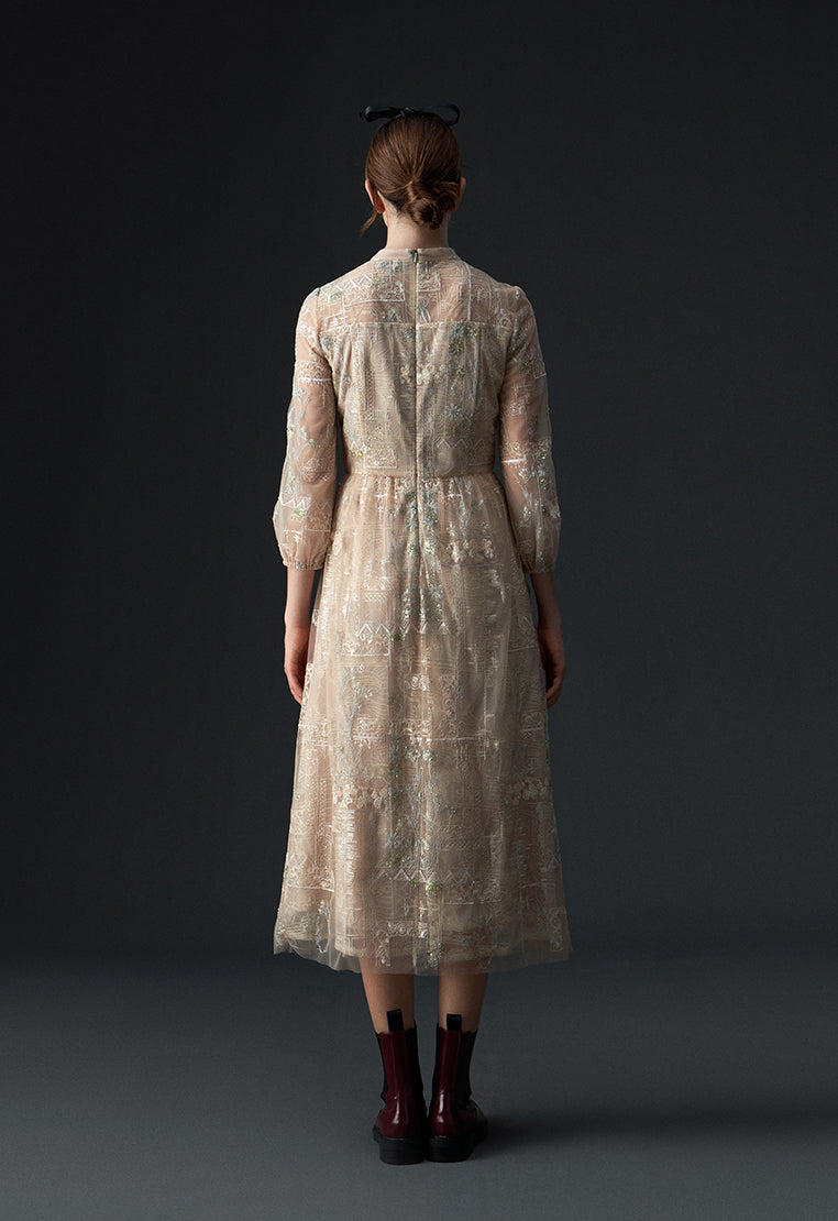Beige Embroidered Sequin-detailing Mesh Dinner Dress - MOISELLE