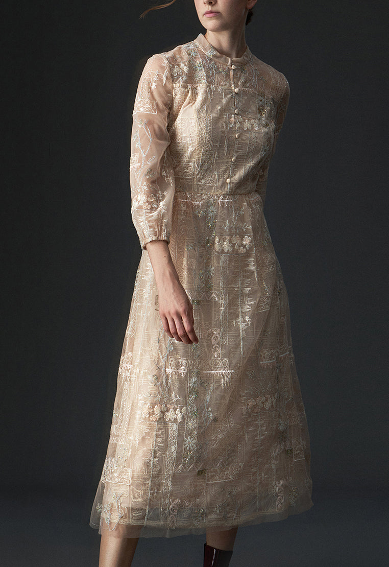 Beige Embroidered Sequin-detailing Mesh Dinner Dress - MOISELLE