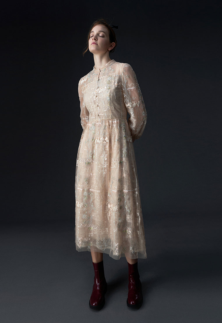 Beige Embroidered Sequin-detailing Mesh Dinner Dress - MOISELLE