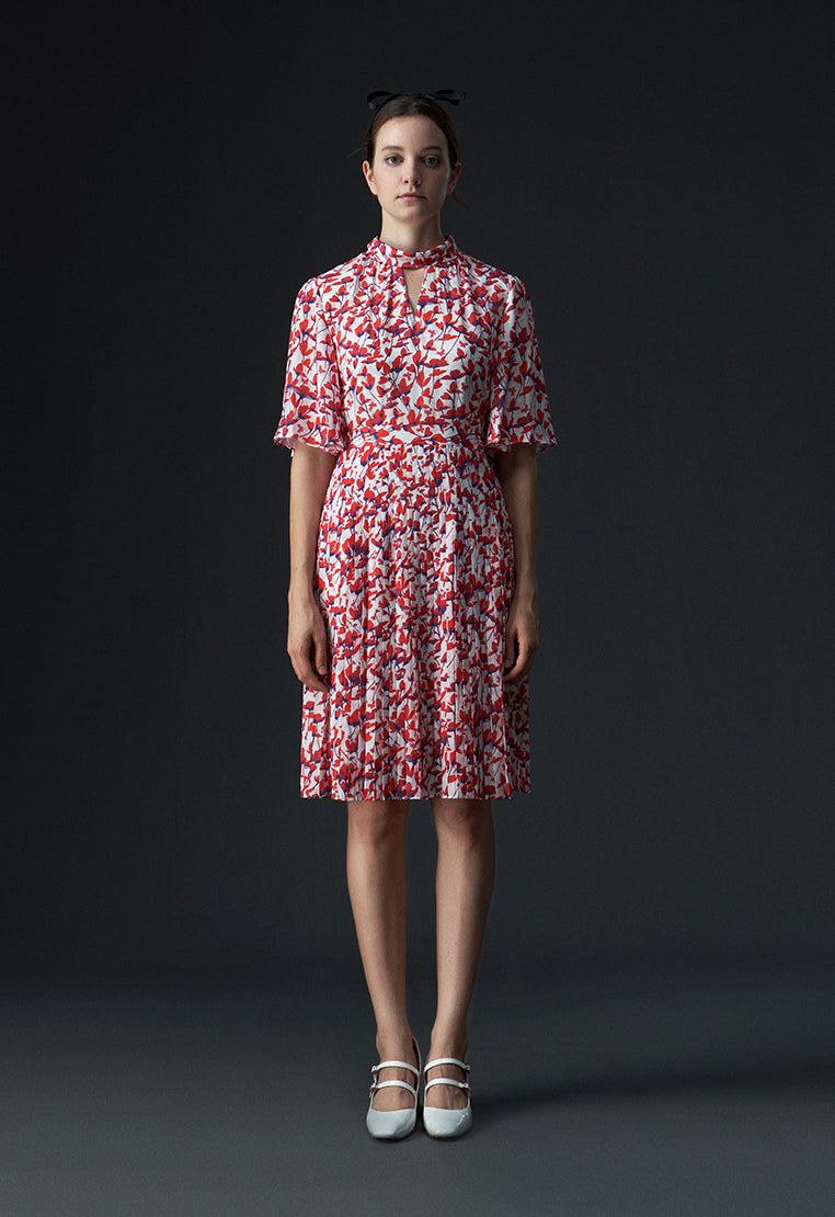 Stand Collar Cut-out Floral Pattern Mid-sleeve Dress - MOISELLE