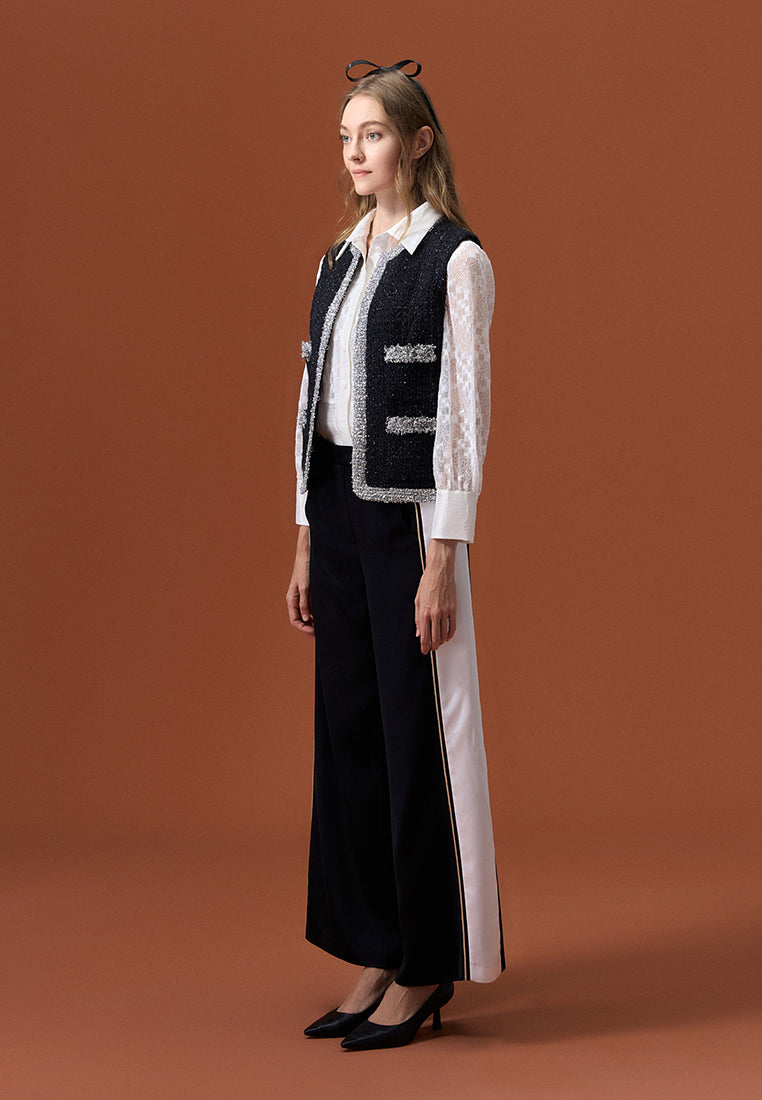Black Golden-detailing Wide-Leg Trousers - MOISELLE