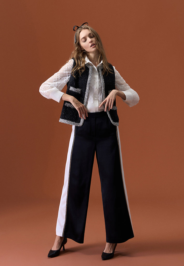 Black Golden-detailing Wide-Leg Trousers - MOISELLE