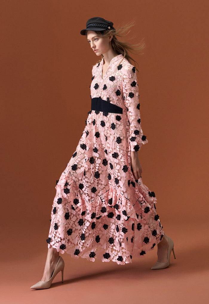 Black Lace Detaiilng Pink Jacquard Evening Dress - MOISELLE