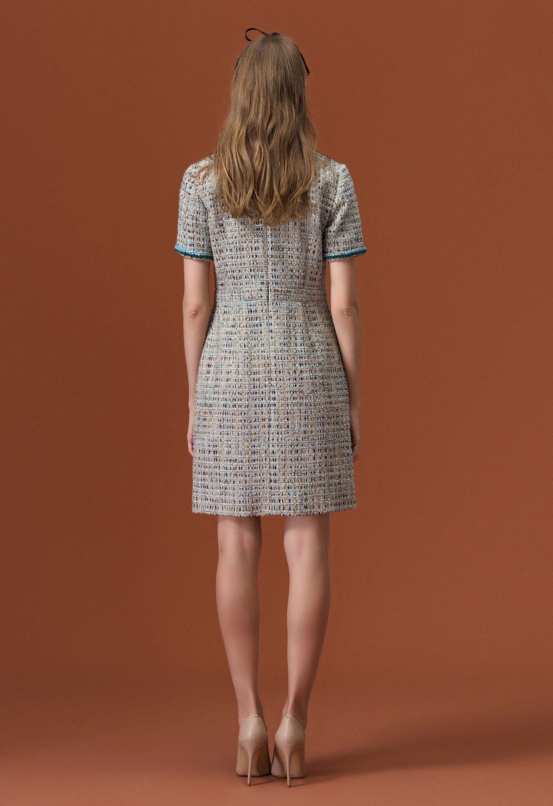 Earth Tone Blue And Gold Detailing Tweed Dress - MOISELLE