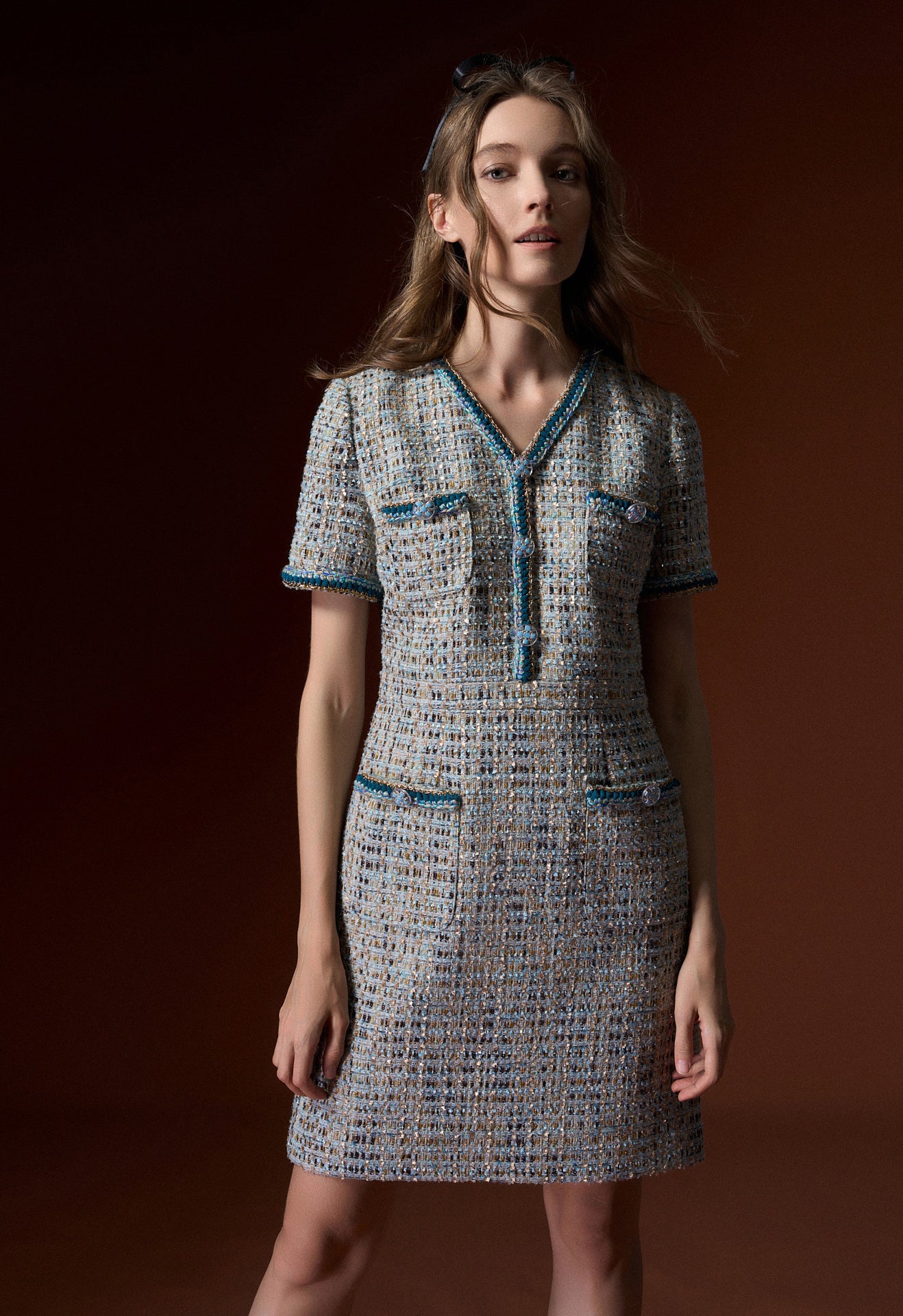 Earth Tone Blue And Gold Detailing Tweed Dress – MOISELLE